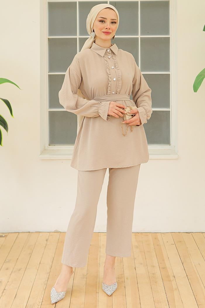 Fırfır Yaka Tunik Pantolon İkili Takım 930 - Taş
