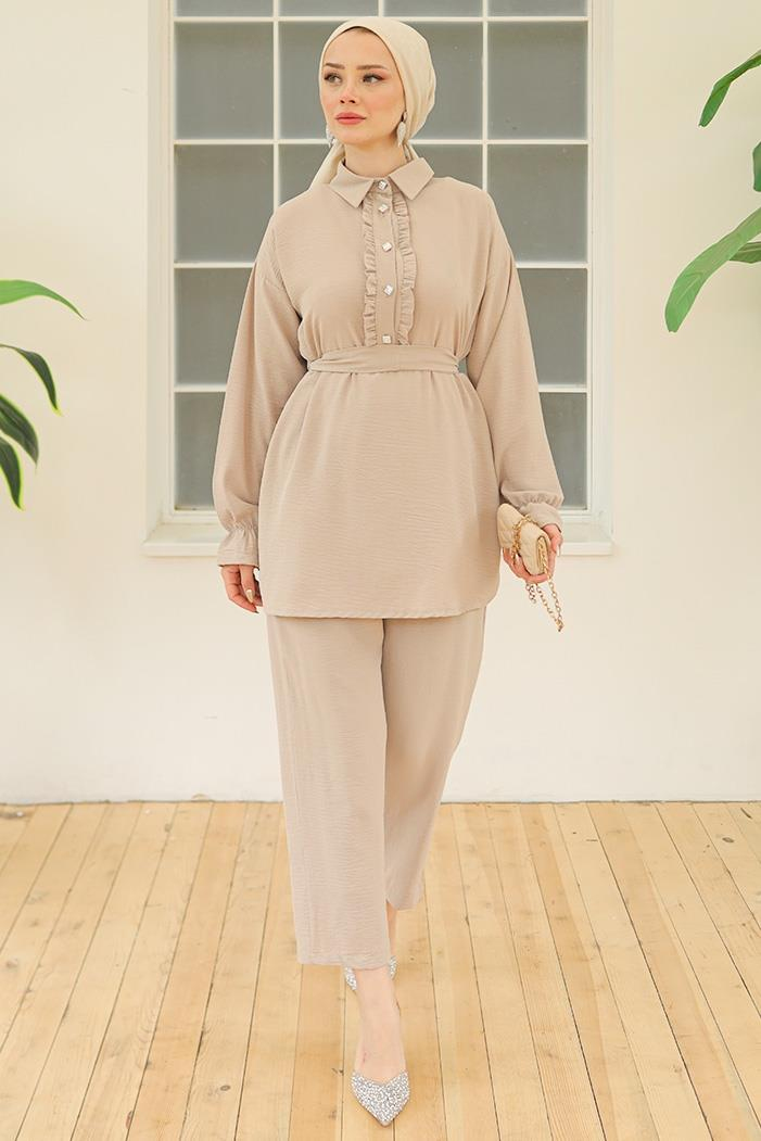 Fırfır Yaka Tunik Pantolon İkili Takım 930 - Taş