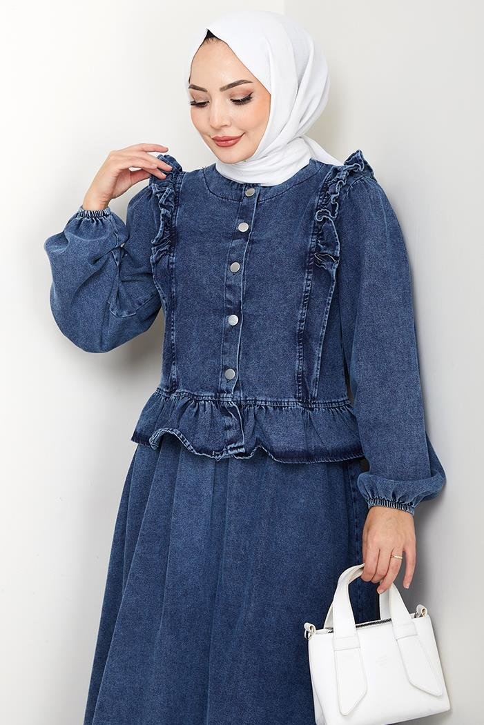 Fırfırlı Ceket Etek Kot İkili Takım 1638 - Mavi