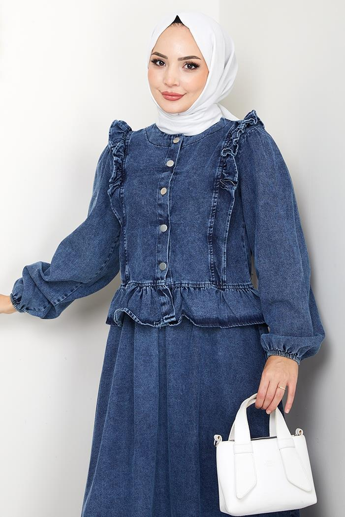 Fırfırlı Ceket Etek Kot İkili Takım 1638 - Mavi