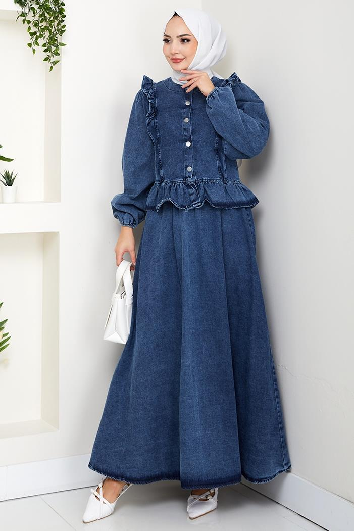 Fırfırlı Ceket Etek Kot İkili Takım 1638 - Mavi