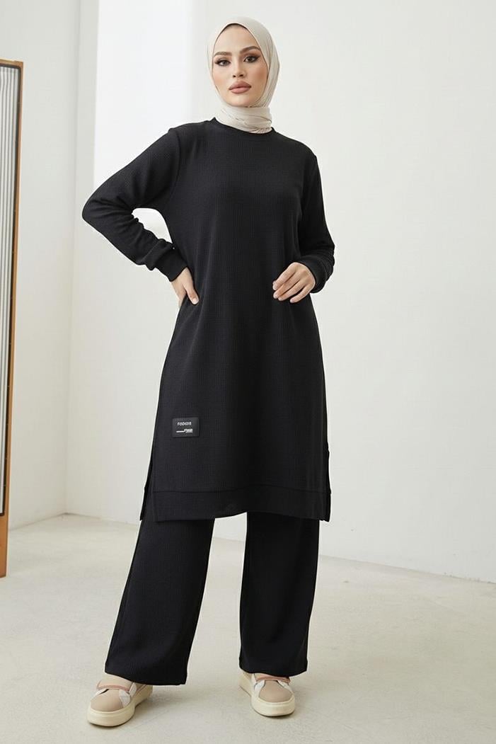Fitilli Arma Detay Tunik Pantolon İkili Takım 1677 - Siyah