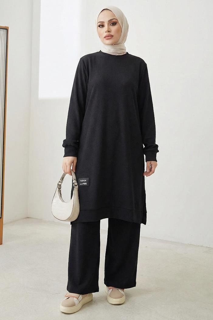 Fitilli Arma Detay Tunik Pantolon İkili Takım 1677 - Siyah