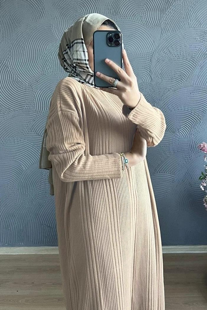 Fitilli Triko Elbise 749 - Taş