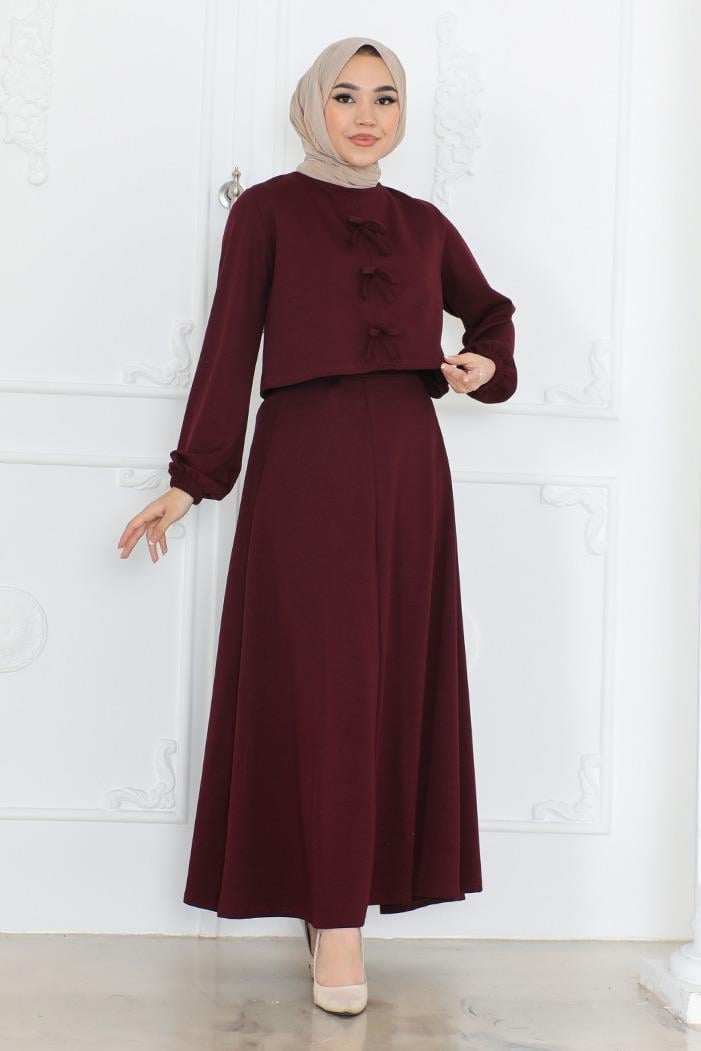 Fiyonklu Bluz Etek İkili Takım 1298 - Mürdüm