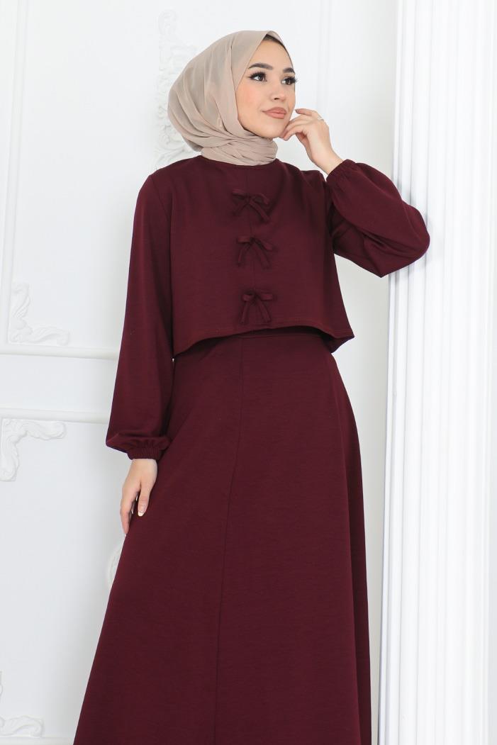 Fiyonklu Bluz Etek İkili Takım 1298 - Mürdüm