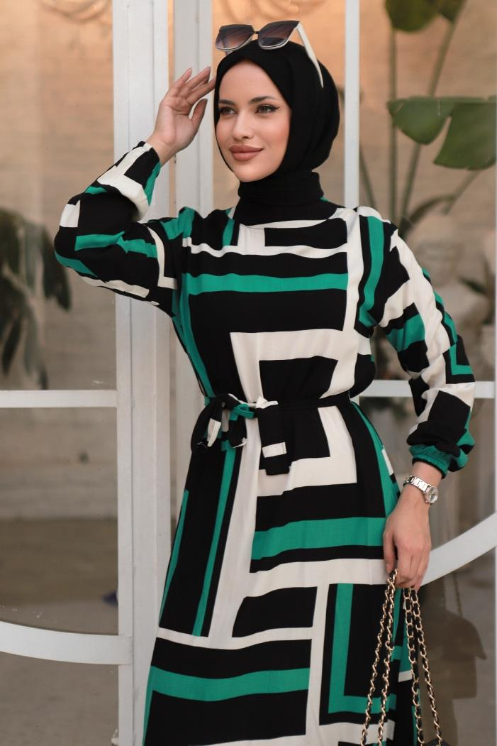 Füsun Kare Desenli Elbise 668 - Yeşil