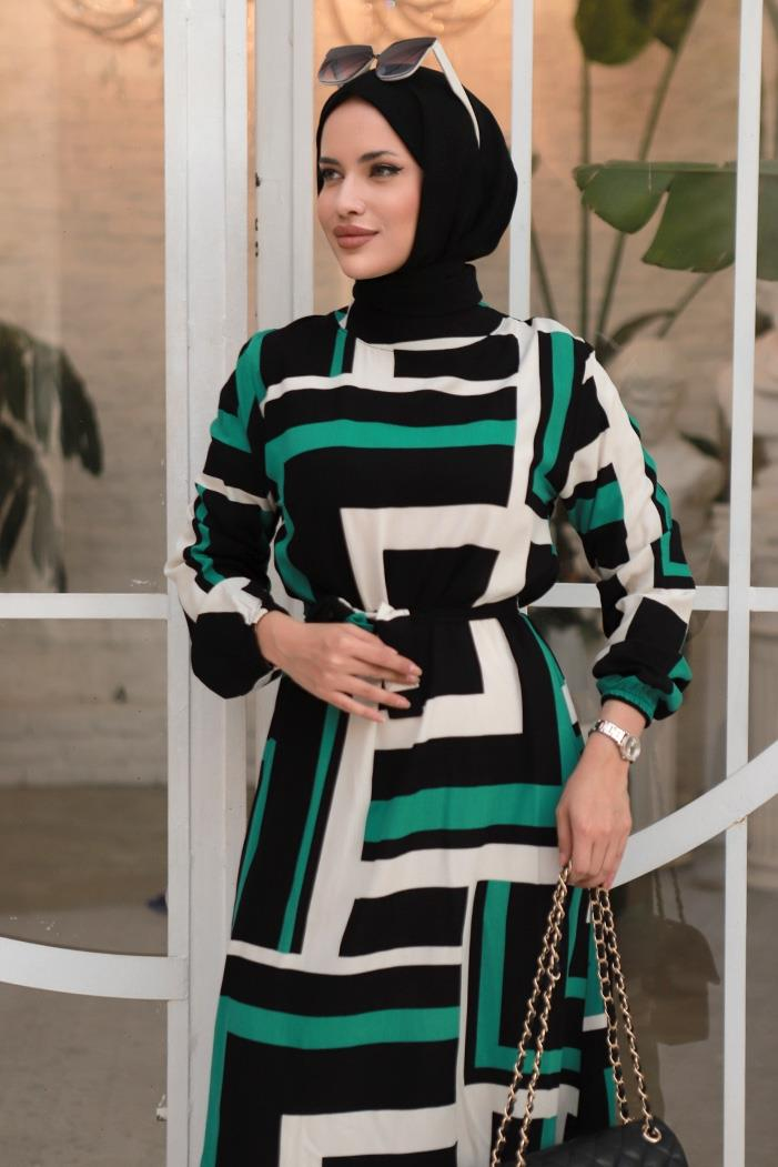 Füsun Kare Desenli Elbise 668 - Yeşil