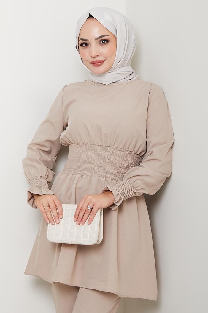 Gipeli Tunik Pantolon Tesettür İkili Takım 218 - Bej