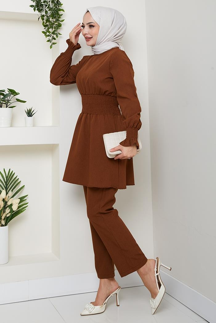 Gipeli Tunik Pantolon Tesettür İkili Takım 218 - Kahve