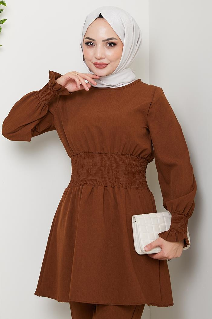 Gipeli Tunik Pantolon Tesettür İkili Takım 218 - Kahve