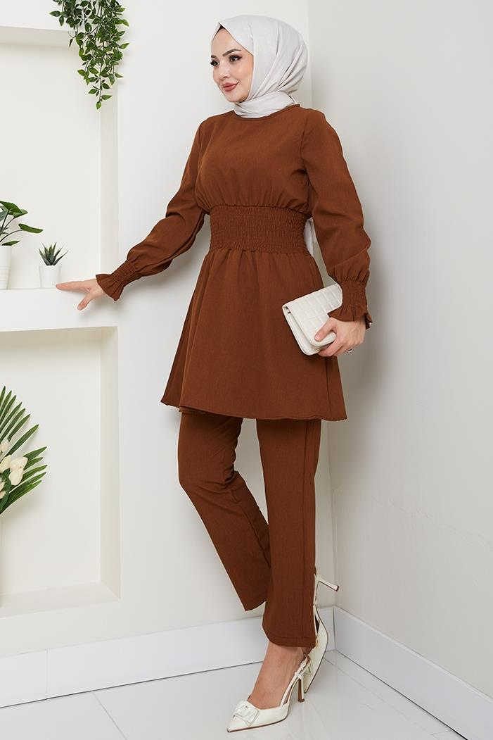 Gipeli Tunik Pantolon Tesettür İkili Takım 218 - Kahve