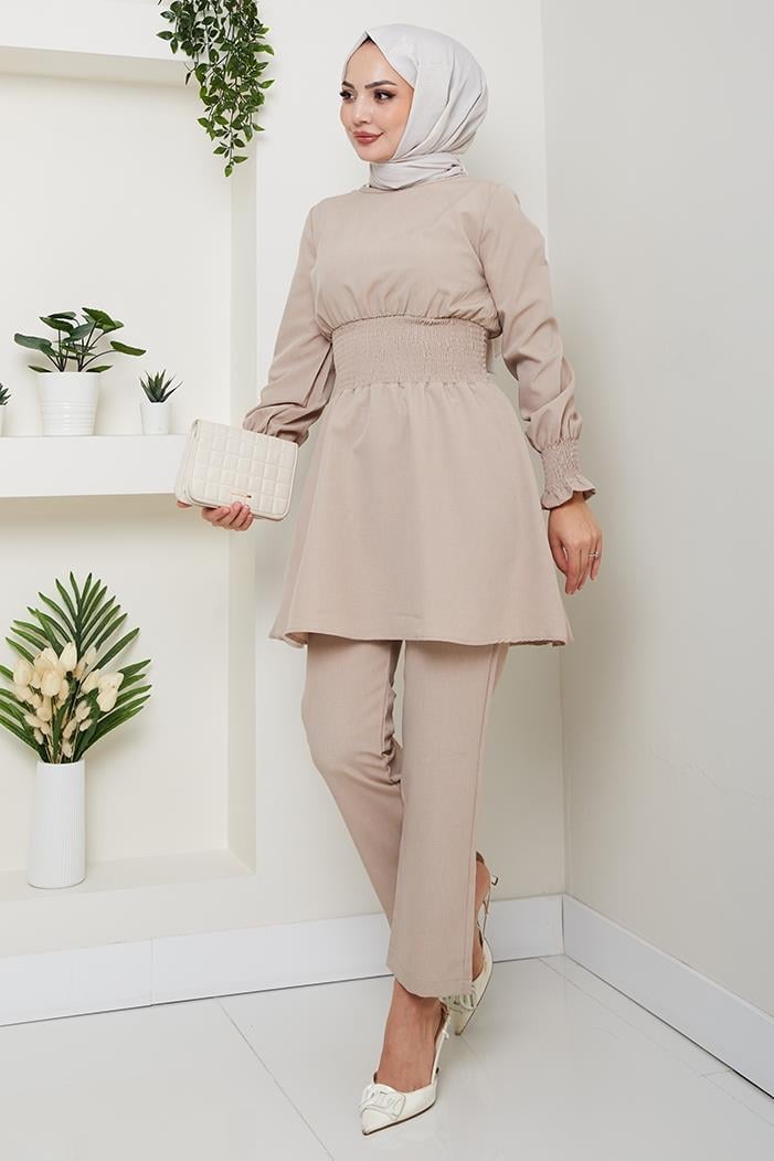 Gipeli Tunik Pantolon Tesettür İkili Takım 218 - Bej