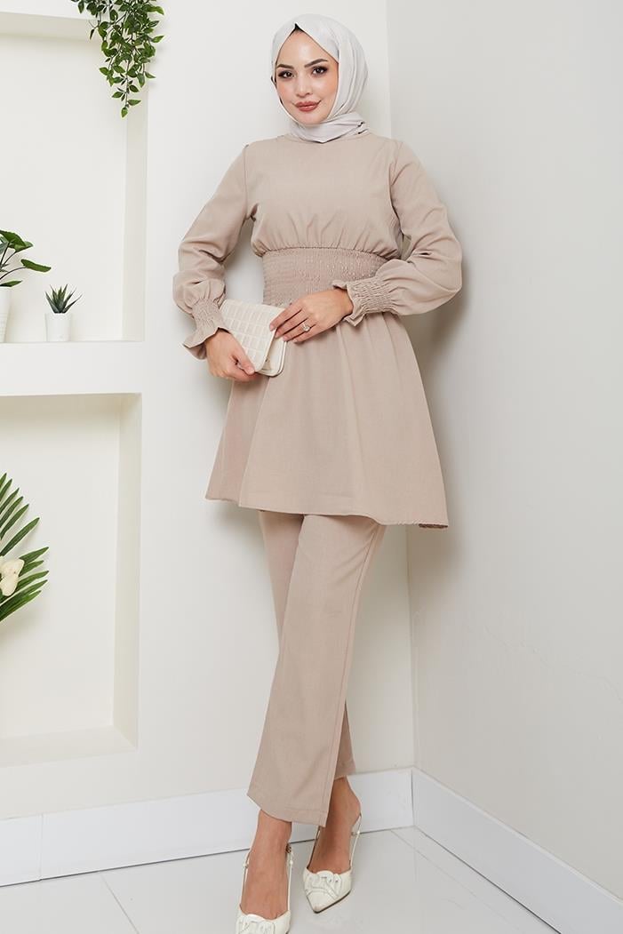 Gipeli Tunik Pantolon Tesettür İkili Takım 218 - Bej