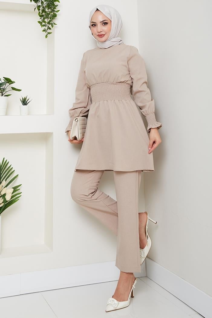 Gipeli Tunik Pantolon Tesettür İkili Takım 218 - Bej