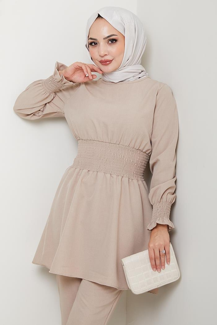 Gipeli Tunik Pantolon Tesettür İkili Takım 218 - Bej