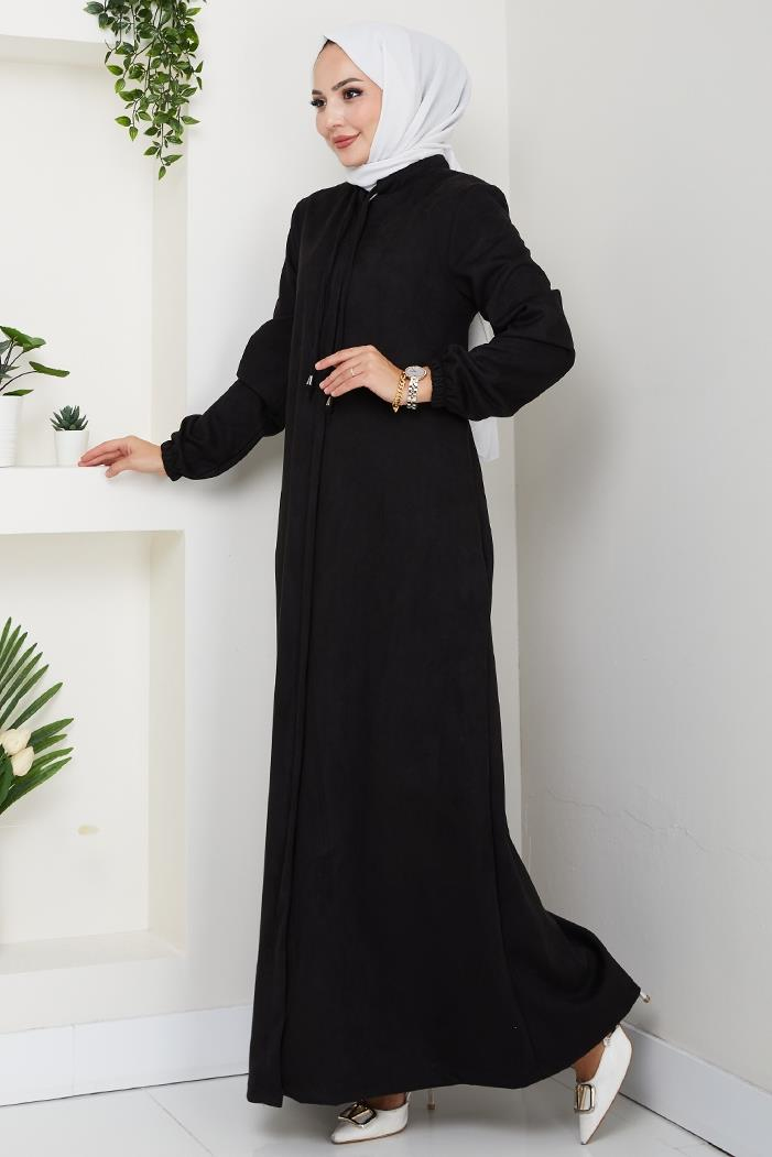 Gizli Fermuarlı Süet Ferace 1605 - Siyah