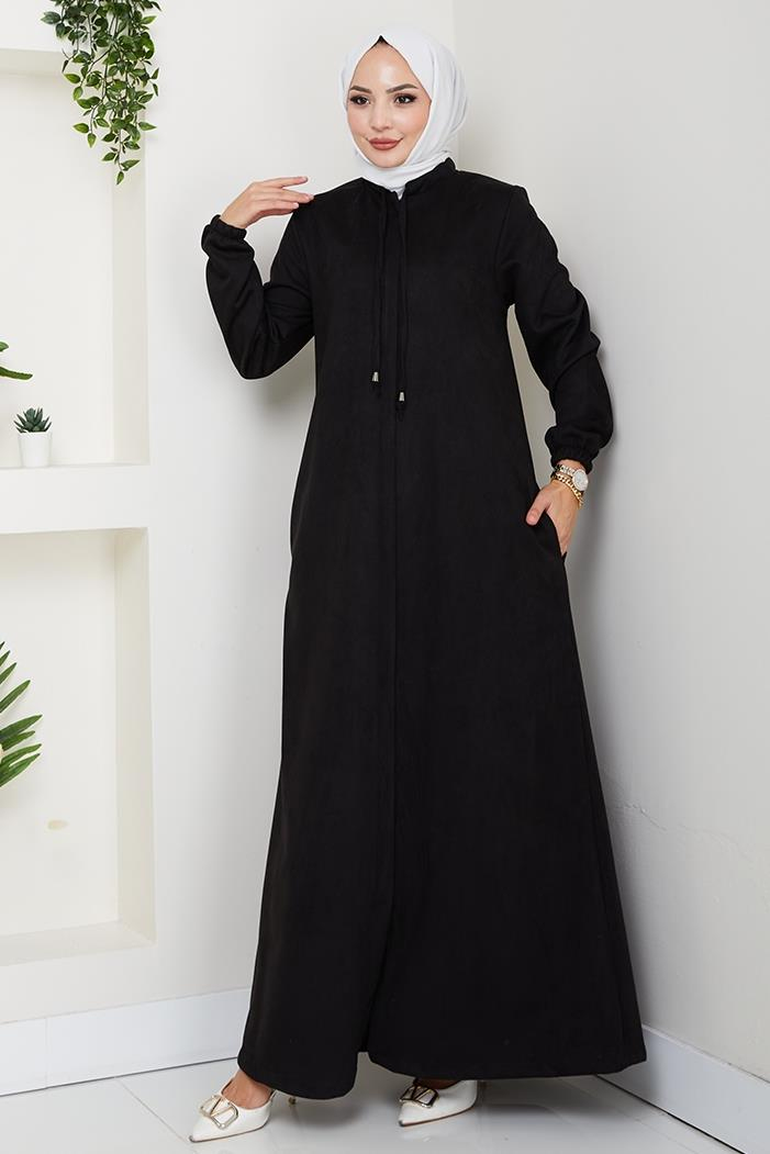 Gizli Fermuarlı Süet Ferace 1605 - Siyah