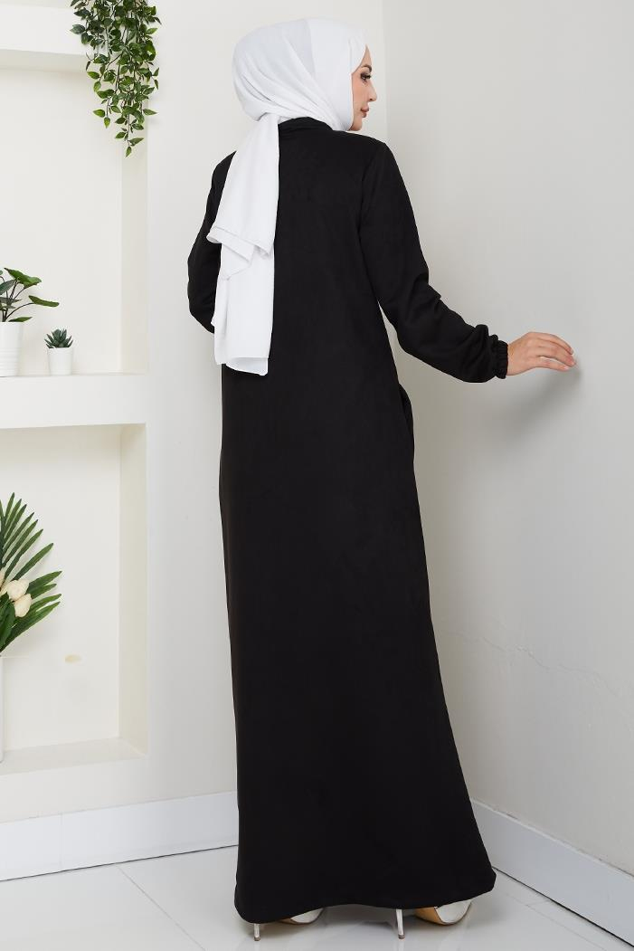 Gizli Fermuarlı Süet Ferace 1605 - Siyah