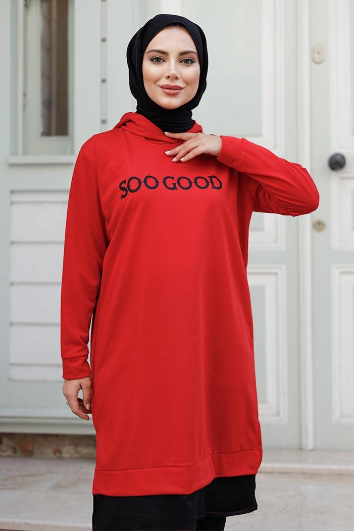 Good Baskı Kapüşonlu Tunik 1284 - Kırmızı