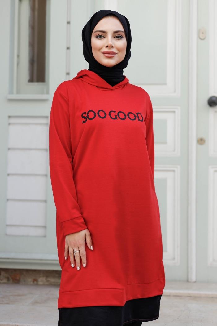 Good Baskı Kapüşonlu Tunik 1284 - Kırmızı