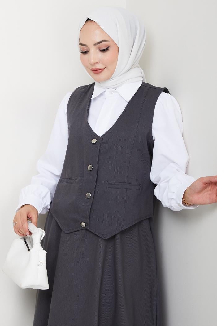 İkili Gabardin Yelek Etek Takım 1400  - Antrasit