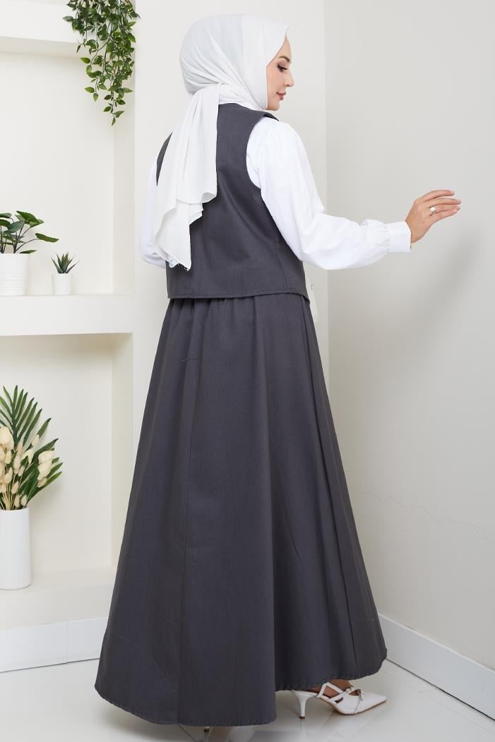 İkili Gabardin Yelek Etek Takım 1400  - Antrasit