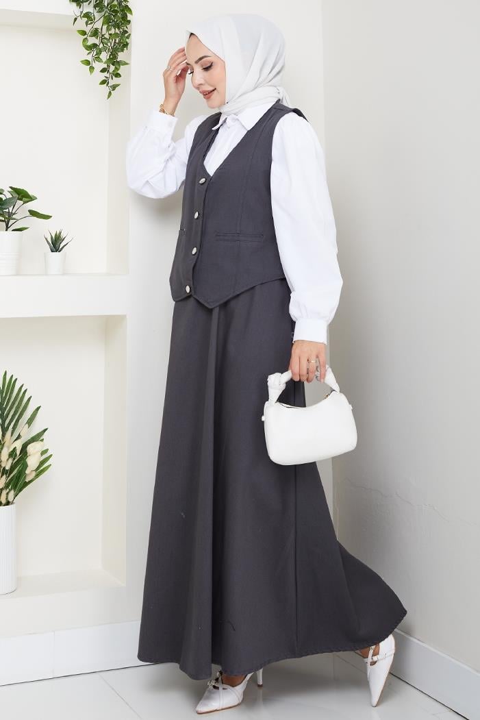 İkili Gabardin Yelek Etek Takım 1400  - Antrasit