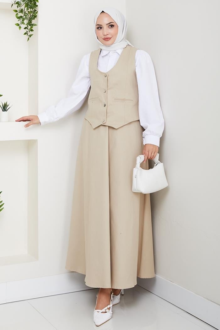 İkili Gabardin Yelek Etek Takım 1400  - Bej