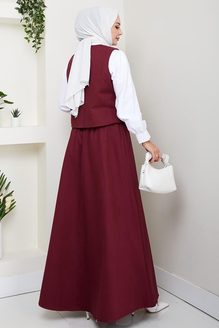 İkili Gabardin Yelek Etek Takım 1400  - Bordo