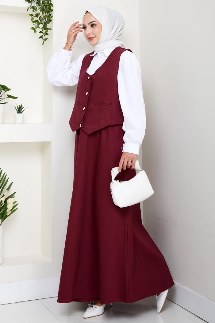 İkili Gabardin Yelek Etek Takım 1400  - Bordo