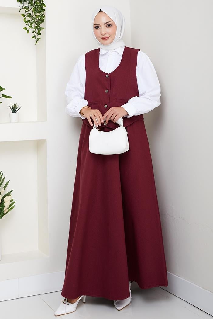 İkili Gabardin Yelek Etek Takım 1400  - Bordo