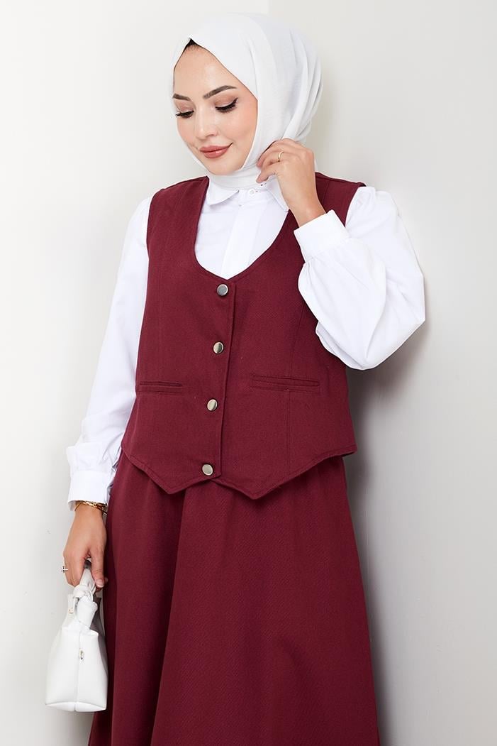 İkili Gabardin Yelek Etek Takım 1400  - Bordo