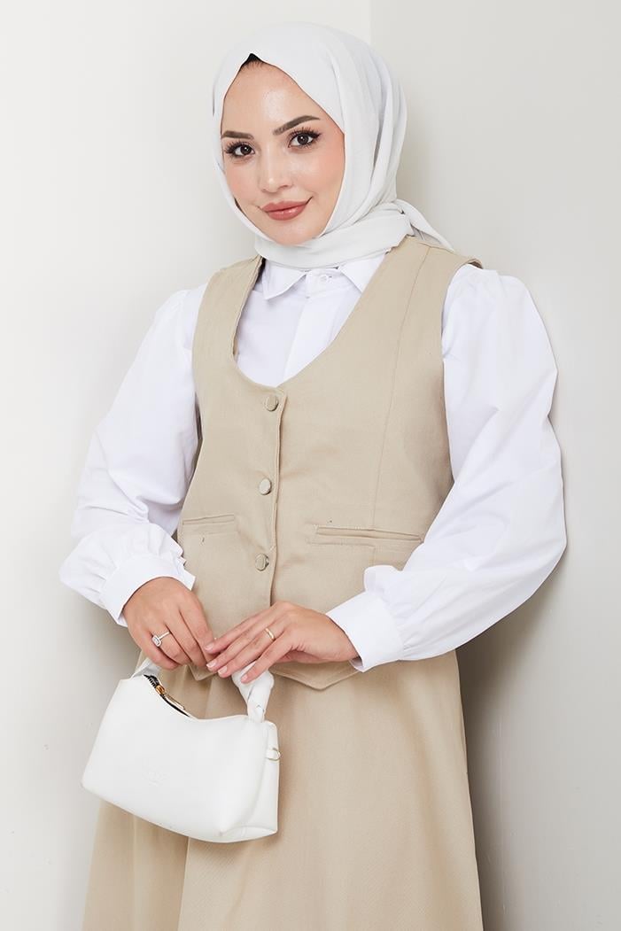 İkili Gabardin Yelek Etek Takım 1400  - Bej