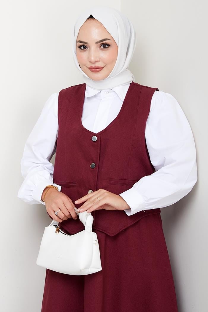 İkili Gabardin Yelek Etek Takım 1400  - Bordo