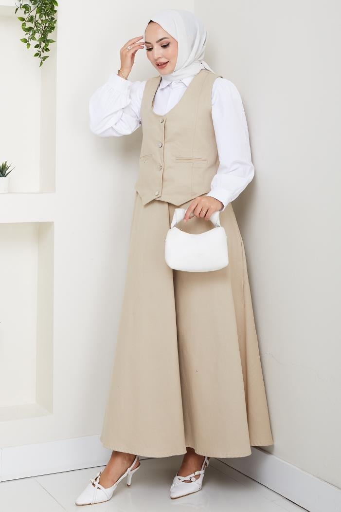 İkili Gabardin Yelek Etek Takım 1400  - Bej