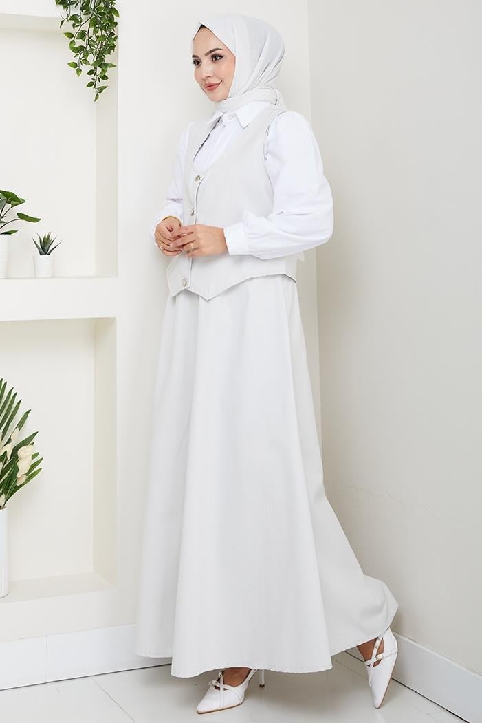 İkili Gabardin Yelek Etek Takım 1400 - Gri