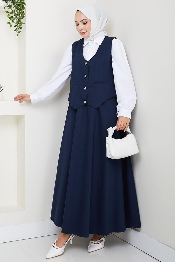 İkili Gabardin Yelek Etek Takım 1400  - Lacivert