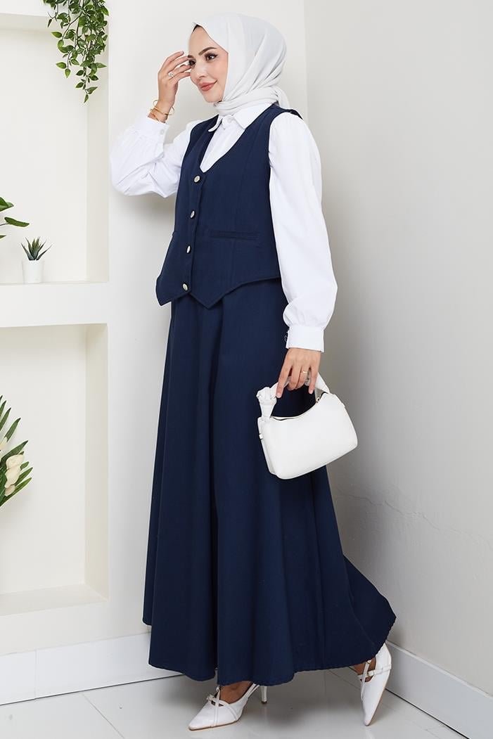 İkili Gabardin Yelek Etek Takım 1400  - Lacivert