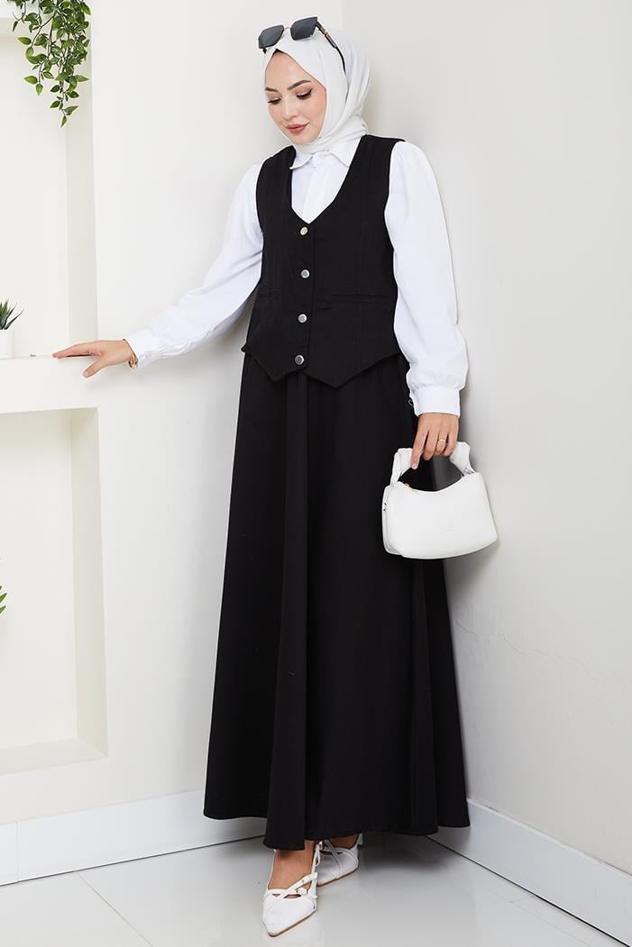 İkili Gabardin Yelek Etek Takım 1400  - Siyah