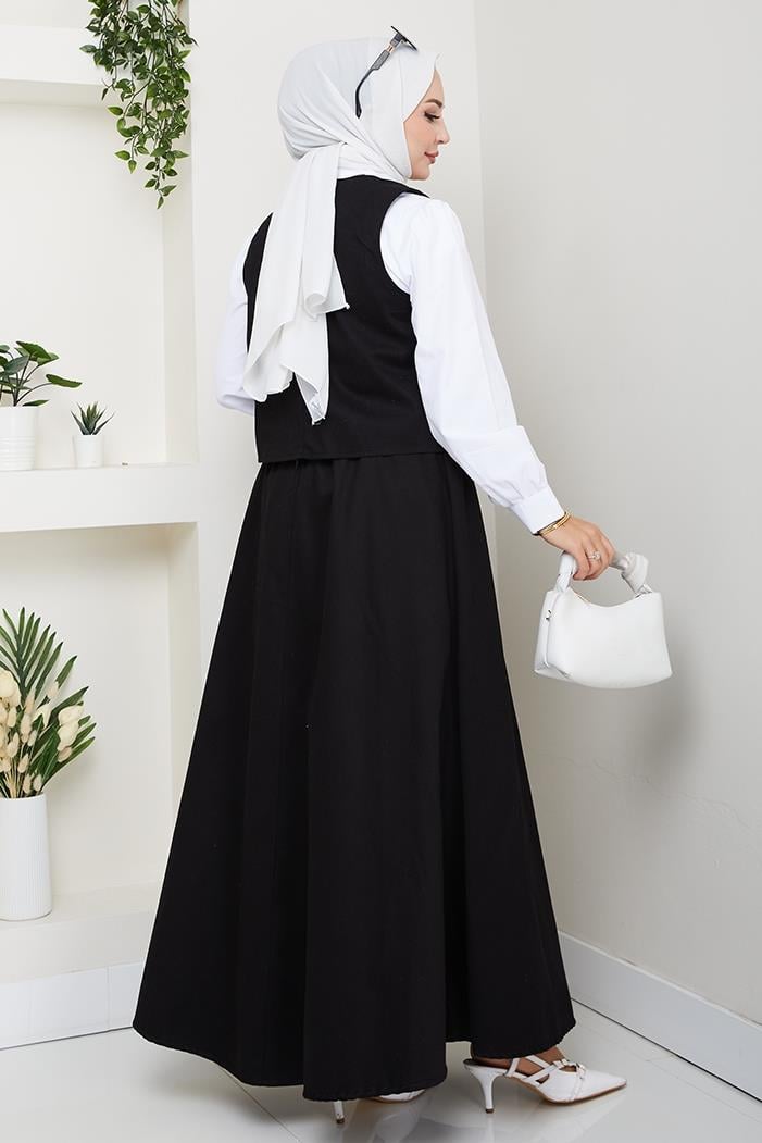 İkili Gabardin Yelek Etek Takım 1400  - Siyah