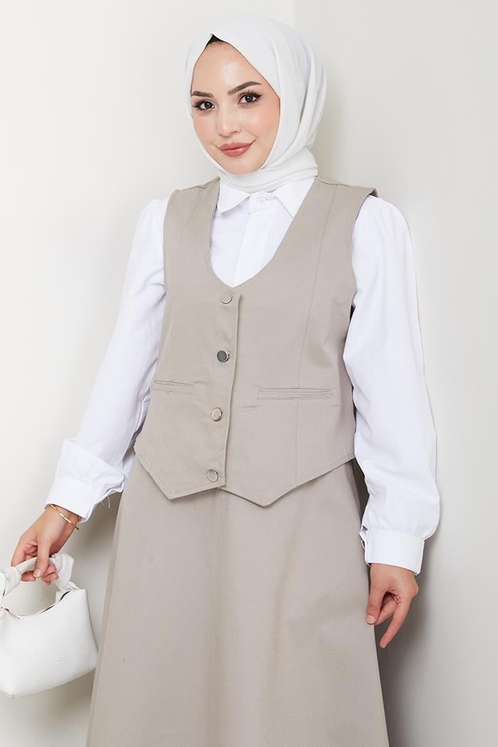 İkili Gabardin Yelek Etek Takım 1400  - Taş