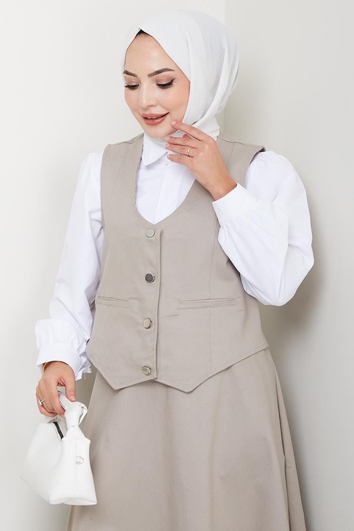 İkili Gabardin Yelek Etek Takım 1400  - Taş