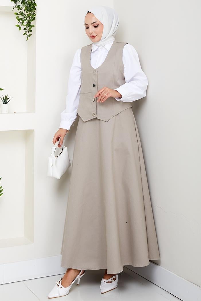 İkili Gabardin Yelek Etek Takım 1400  - Taş