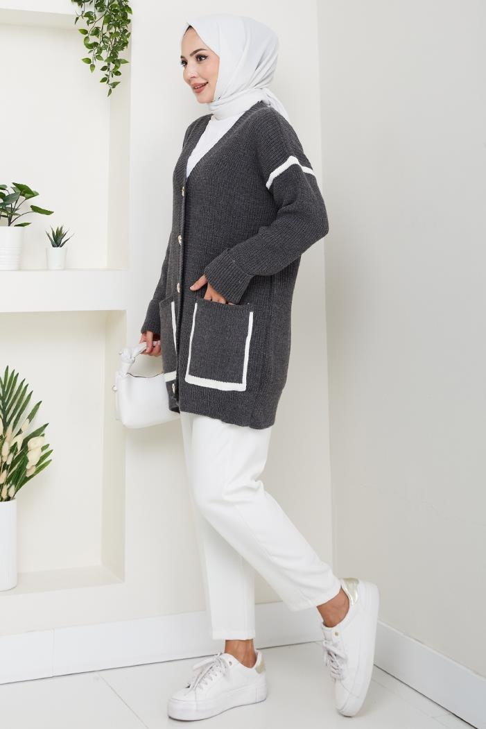 İlge Düğmeli Triko Hırka 1597 - Antrasit