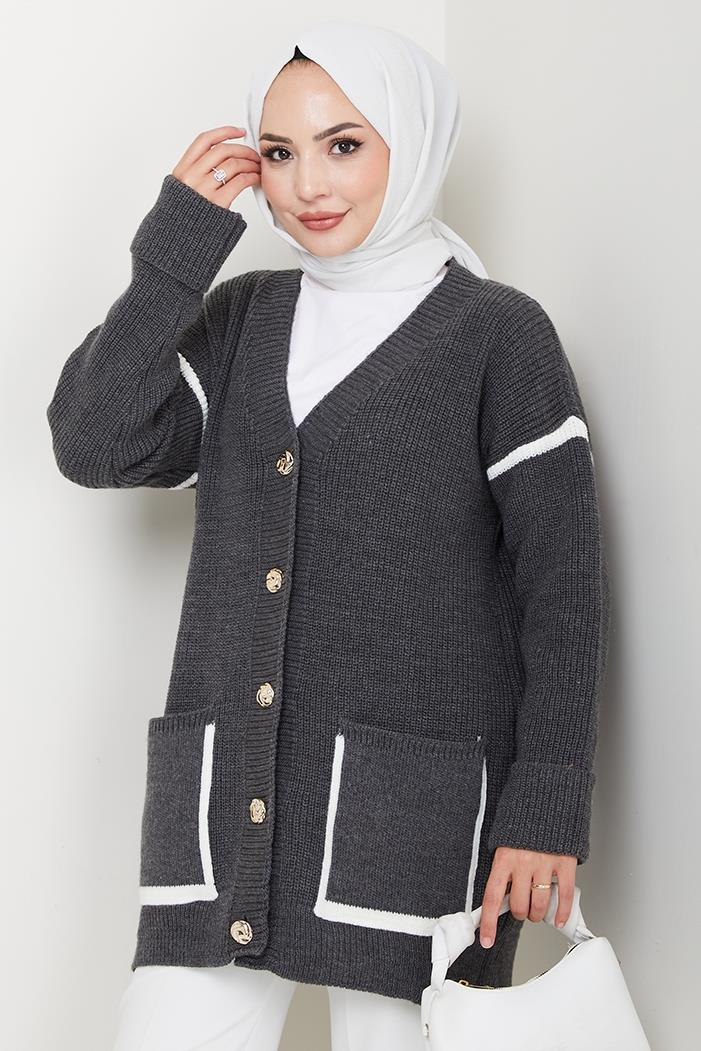 İlge Düğmeli Triko Hırka 1597 - Antrasit