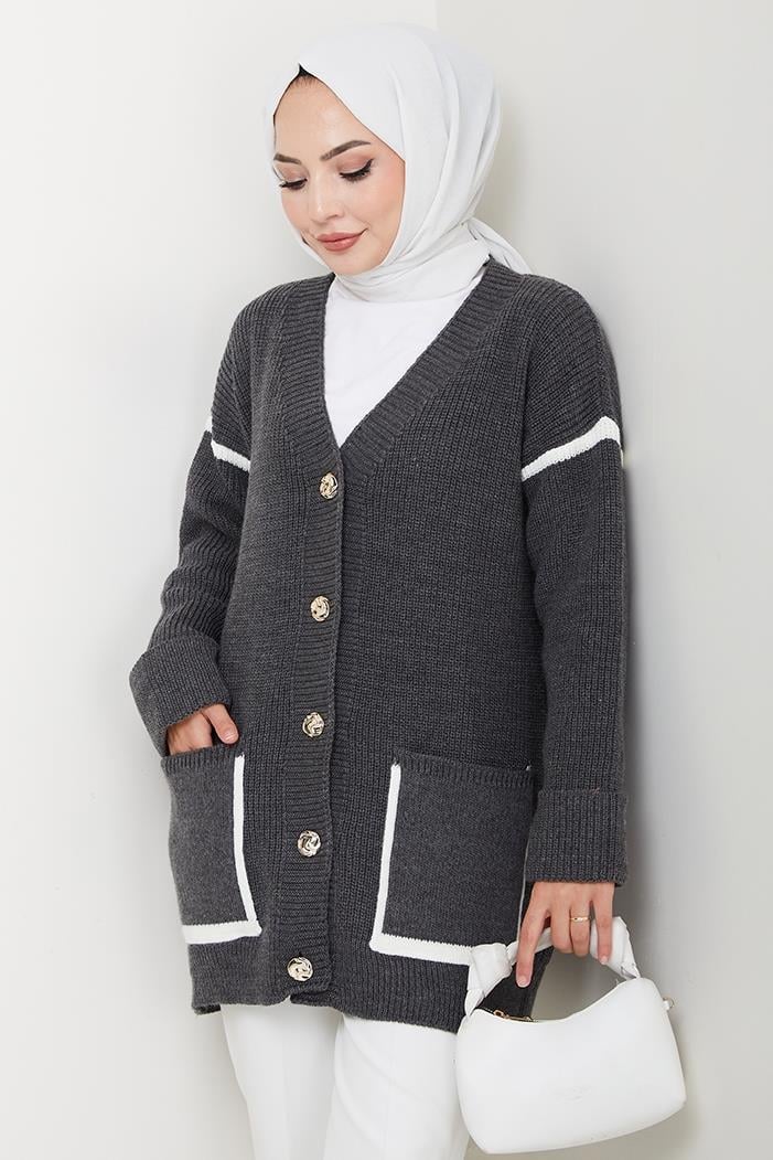 İlge Düğmeli Triko Hırka 1597 - Antrasit