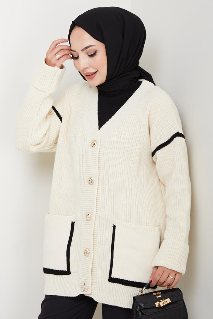 İlge Düğmeli Triko Hırka 1597 - Ekru