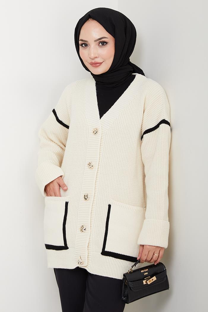 İlge Düğmeli Triko Hırka 1597 - Ekru