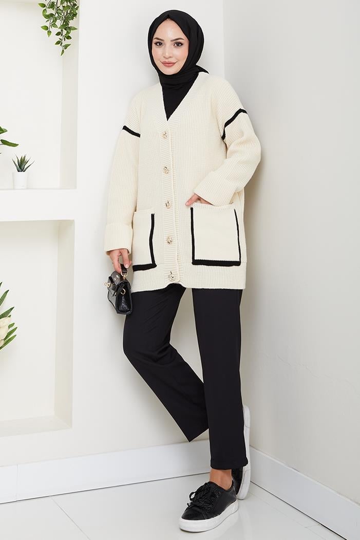 İlge Düğmeli Triko Hırka 1597 - Ekru